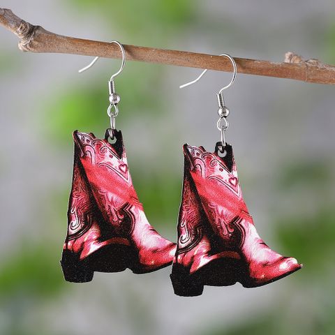 1 Pair Retro Cowboy Style Boots Wood Drop Earrings