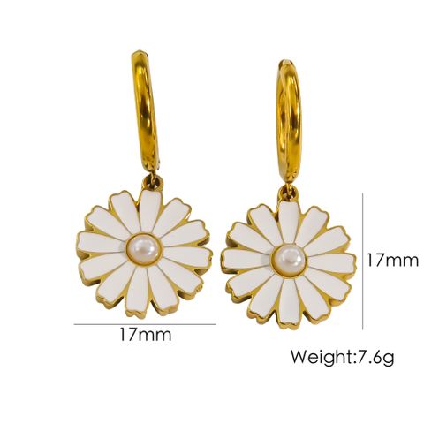 304 Stainless Steel 14K Gold Plated Cute Sweet Enamel Inlay Daisy Shell Pearls Earrings Necklace