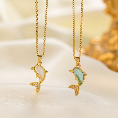 Wholesale Casual Simple Style Commute Dolphin 304 Stainless Steel Polishing Inlay 18K Gold Plated Artificial Rhinestones Stone Pendant Necklace