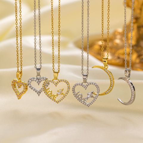 Wholesale Elegant Simple Style Commute Love Moon Heart Shape 304 Stainless Steel Polishing Inlay 18K Gold Plated Artificial Rhinestones Pendant Necklace