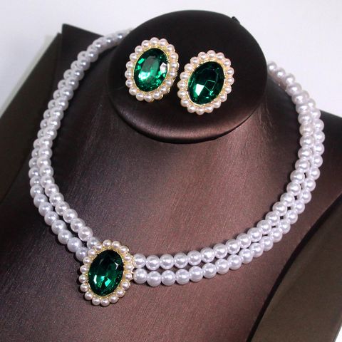 Elegante Lujoso Oval Cristal Artificial Perla De Imitación Con Cuentas Mujeres Aretes Collar