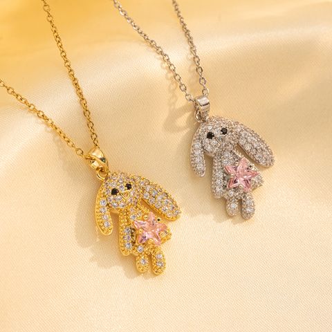 Stainless Steel 18K Gold Plated Cute Rabbit Inlay Zircon Pendant Necklace
