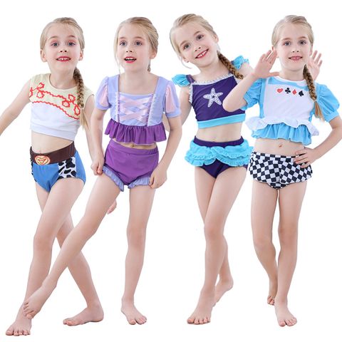 Girl'S Cartoon Color Block Crop Top Kids Swimwear