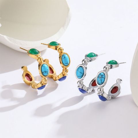 1 Pair Retro C Shape Oval Inlay Titanium Steel Turquoise 18K Gold Plated Ear Studs