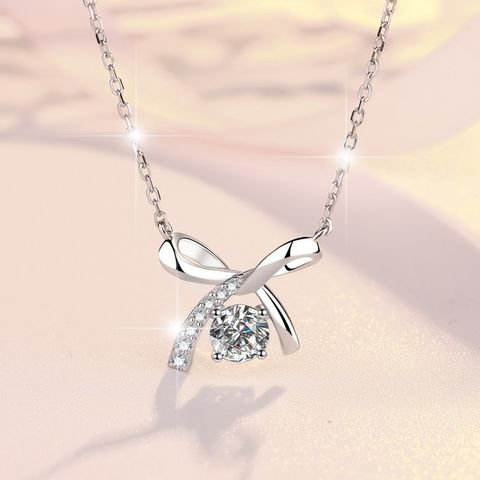 Sterling Silber Elegant Einfacher Stil Bogenknoten GRA Überzug Moissanit Zirkon Halskette Mit Anhänger