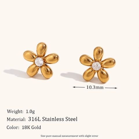 Simple Style Crown Flower Stainless Steel Inlay Zircon Ear Studs 1 Pair