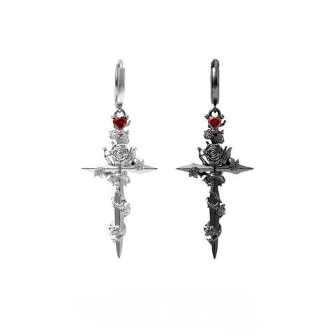 1 Pair Gothic Cross Rose Sterling Silver Drop Earrings