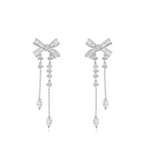 1 Pair Elegant Sweet Water Droplets Bow Knot Tassel Copper Zircon Drop Earrings