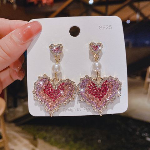 1 Pair Sweet Heart Shape Plating Inlay Alloy Artificial Pearls Rhinestones Drop Earrings
