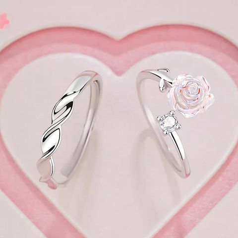 Sterling Silver Romantic Flower Polishing Inlay Zircon Adjustable Ring
