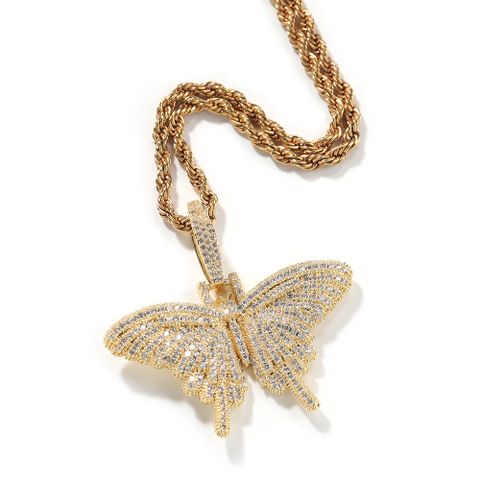 Hip-hop Butterfly Copper Plating Inlay Rhinestones Pendant Necklace
