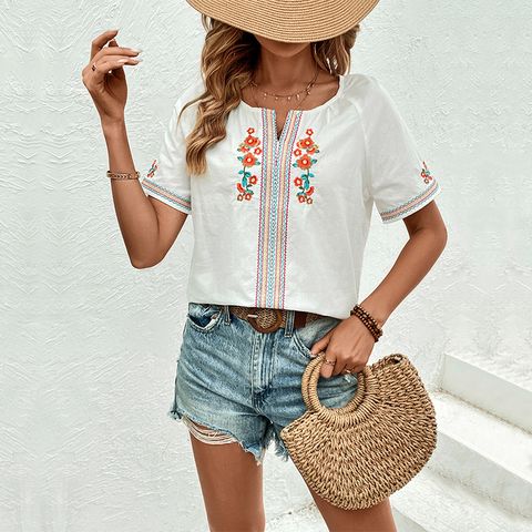 Women's Blouse Short Sleeve Blouses Embroidery Chinoiserie Vintage Style Color Block