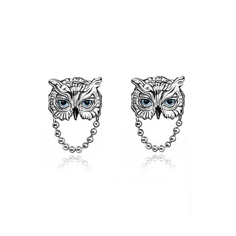 1 Pair IG Style Owl Carving Copper Palladium-Plated White K Ear Studs