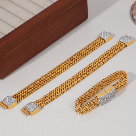 Titanium Steel 18K Gold Plated British Style Rectangle Inlay Rhinestones Bracelets