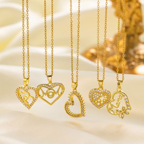 304 Stainless Steel 18K Gold Plated Elegant Simple Style Inlay Heart Shape Artificial Rhinestones Pendant Necklace