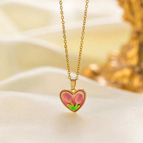 Edelstahl 304 18 Karat Vergoldet Süss Einfacher Stil Inlay Herzform Tulpe Acryl Halskette Mit Anhänger
