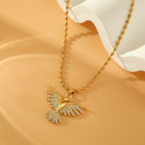 Wholesale Sweet Bird Stainless Steel Copper Inlay 18K Gold Plated Zircon Pendant Necklace