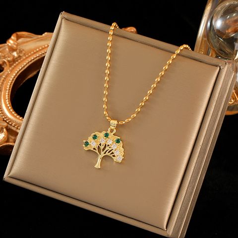 Wholesale Sweet Tree Stainless Steel Copper Inlay 18K Gold Plated Zircon Pendant Necklace