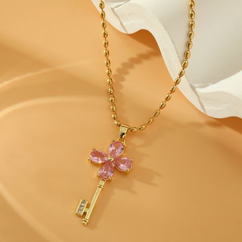 Wholesale Sweet Simple Style Flower Key Stainless Steel Copper Inlay 18K Gold Plated Zircon Pendant Necklace
