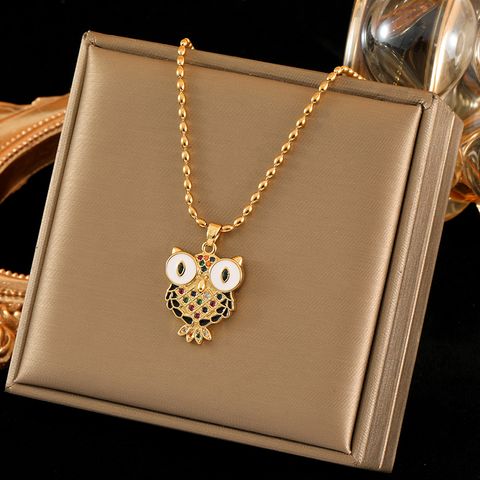 Wholesale Sweet Simple Style Owl Stainless Steel Copper Inlay 18K Gold Plated Zircon Pendant Necklace