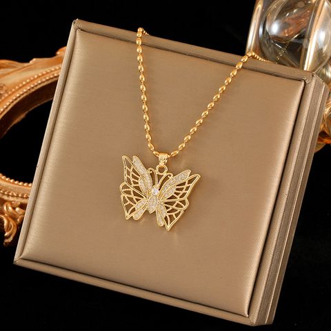 Stainless Steel Titanium Steel 18K Gold Plated IG Style Simple Style Shiny Hollow Out Inlay Butterfly Zircon Pendant Necklace