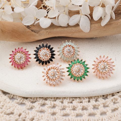 1 Pair IG Style Cute Classic Style Sun Inlay Brass Zircon Ear Studs