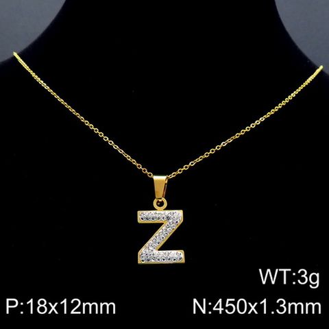 Stainless Steel 18K Gold Plated Basic Inlay Letter Rhinestones Pendant Necklace