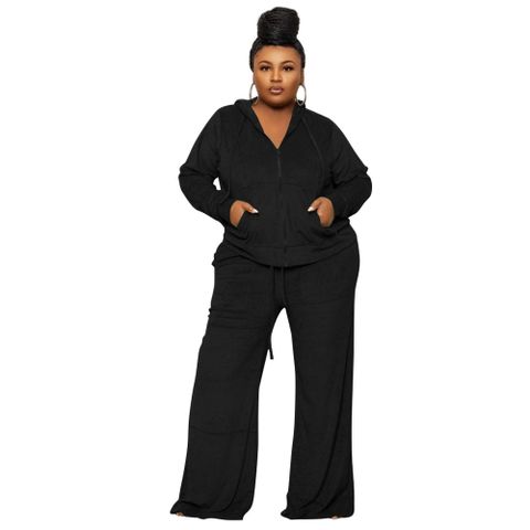 Daily Basic Solid Color Spandex Polyester Pocket Pants Sets Plus Size Two-piece Sets