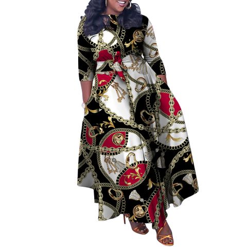 Regular Dress Retro Lady Round Neck Printing 3/4 Length Sleeve Printing Maxi Long Dress Tea Party Street