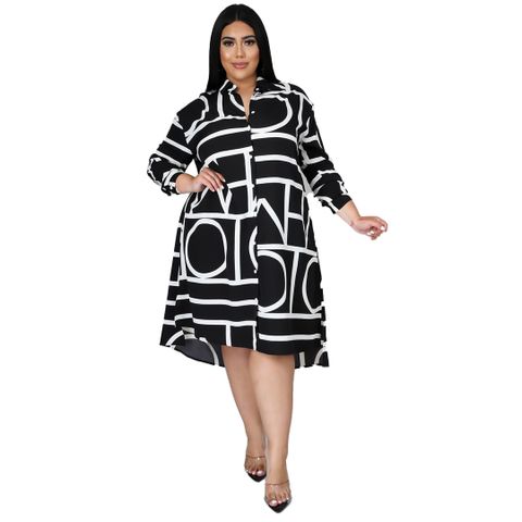 Swing Dress Casual Simple Style Turndown Long Sleeve Printing Midi Dress Daily