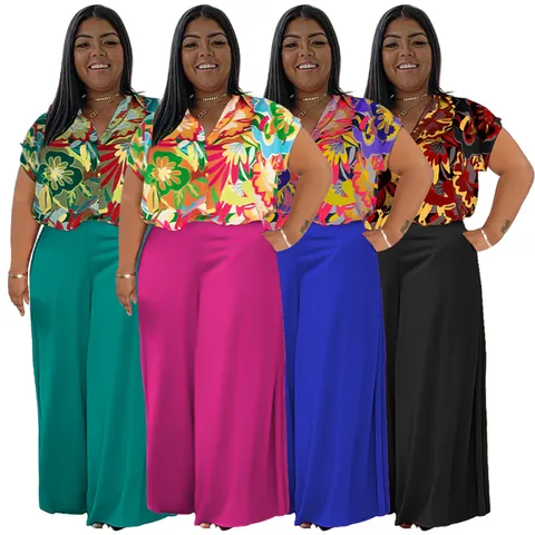 Daily Elegant Flower Spandex Polyester Printing Pants Sets Plus Size Two-piece Sets