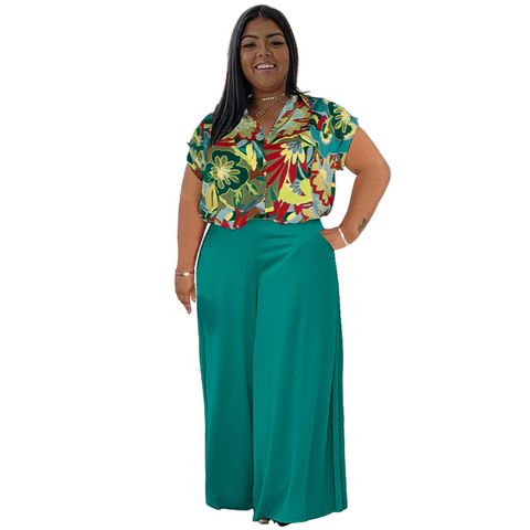 Daily Elegant Flower Spandex Polyester Printing Pants Sets Plus Size Two-piece Sets