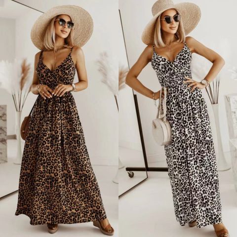 Women's Strap Dress Vintage Style V Neck Sleeveless Leopard Maxi Long Dress Daily