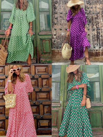 Women's Regular Dress Elegant V Neck Long Sleeve Printing Maxi Long Dress Daily Street