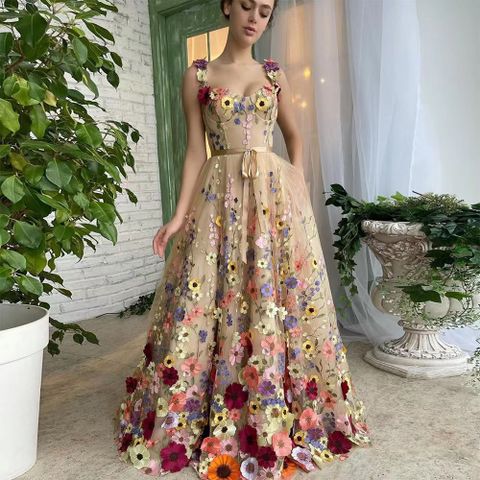 Frau Party Kleid Elegant U-Ausschnitt Ärmellos Blume Maxi Langes Kleid Bankett Cocktailparty
