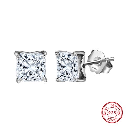1 Pair Elegant Square Handmade Inlay Sterling Silver Zircon White Gold Plated Ear Studs