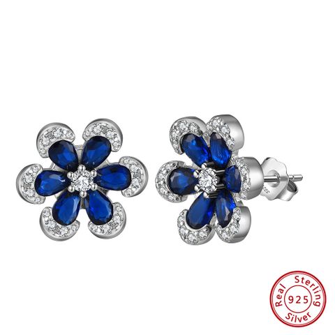 1 Pair Elegant Floral Snowflake Inlay Sterling Silver Zircon White Gold Plated Ear Studs