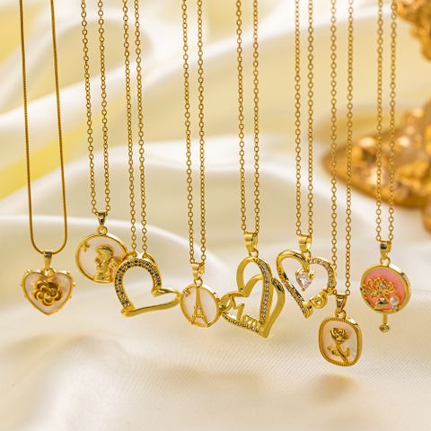 304 Stainless Steel 18K Gold Plated Glam Simple Style Commute Inlay Tower Heart Shape Flower Acrylic Artificial Rhinestones Pendant Necklace