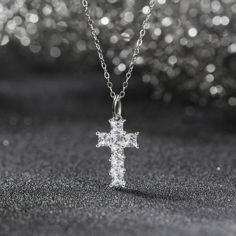 Sterling Silver White Gold Plated Glam Luxurious Shiny Cross Handmade Polishing Inlay Zircon Pendant Necklace