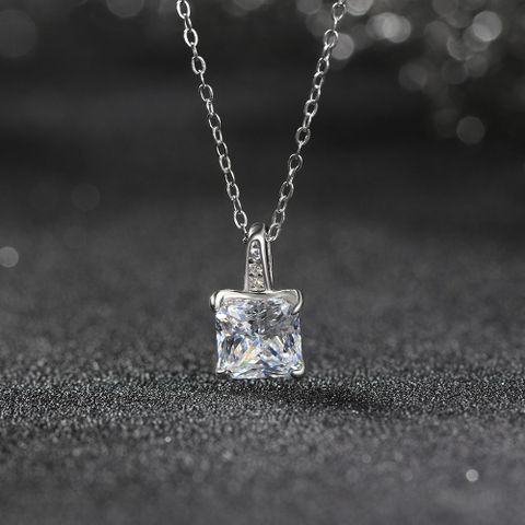 Sterling Silver White Gold Plated Simple Style Shiny Square Handmade Polishing Inlay Zircon Pendant Necklace