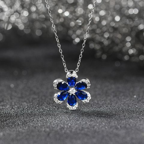 Sterling Silver White Gold Plated Glam Sweet Shiny Flower Handmade Polishing Inlay Zircon Pendant Necklace