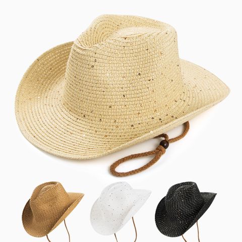Women's Casual Solid Color Sequins Crimping Big Eaves Straw Hat