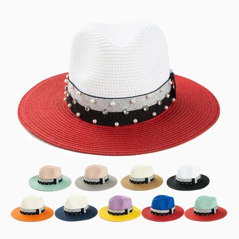 Women's Casual Color Block Rhinestone Pearl Big Eaves Straw Hat