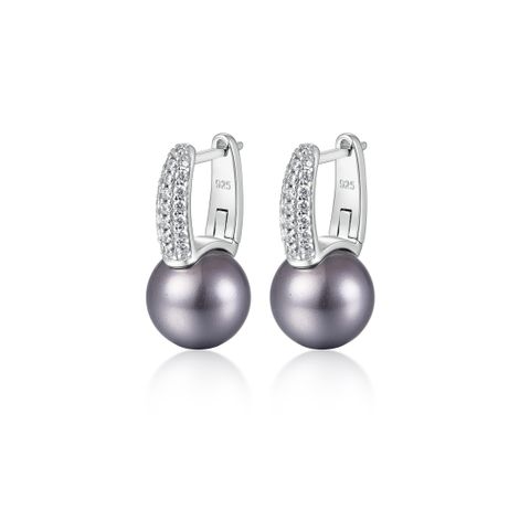 1 Pair Elegant Pearl Inlay Sterling Silver Beads Zircon White Gold Plated Hoop Earrings