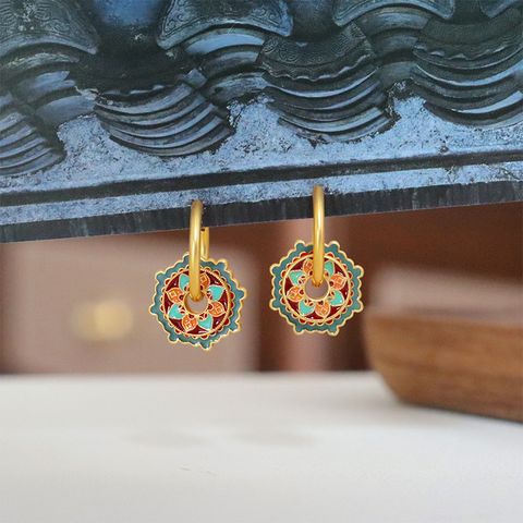 1 Pair Classical Flower Enamel Copper Drop Earrings