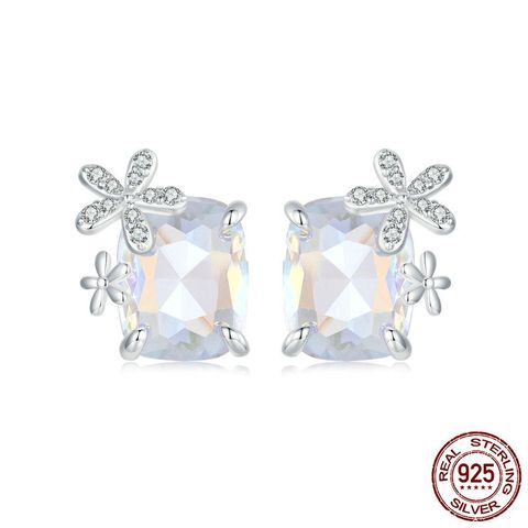 1 Pair Elegant Sweet Flower Inlay Sterling Silver Glass Zircon White Gold Plated Ear Studs