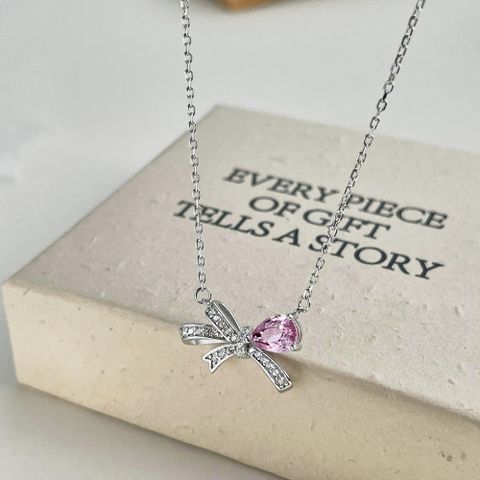 Sterling Silver Elegant Simple Style Bow Knot Plating Inlay Zircon Necklace