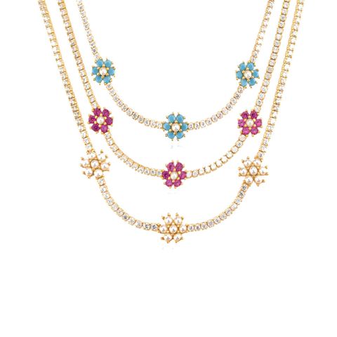 Sterling Silver 18K Gold Plated Simple Style Flower Inlay Artificial Pearls Zircon Necklace