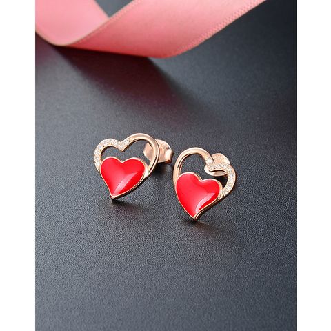 1 Pair Sweet Heart Shape Enamel Plating Inlay Sterling Silver Zircon Ear Studs