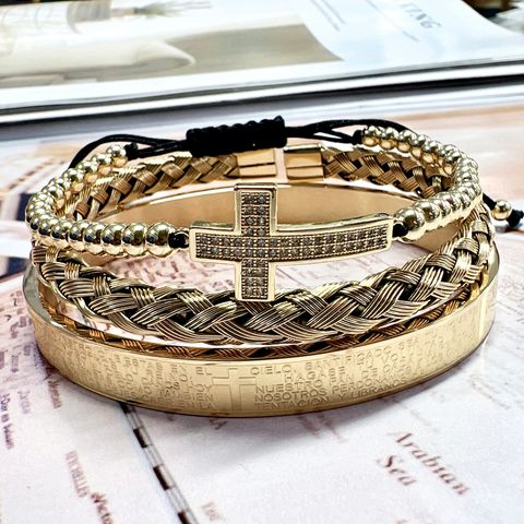 304 Stainless Steel Copper 18K Gold Plated Classic Style Braid Geometric Cross Zircon Bangle